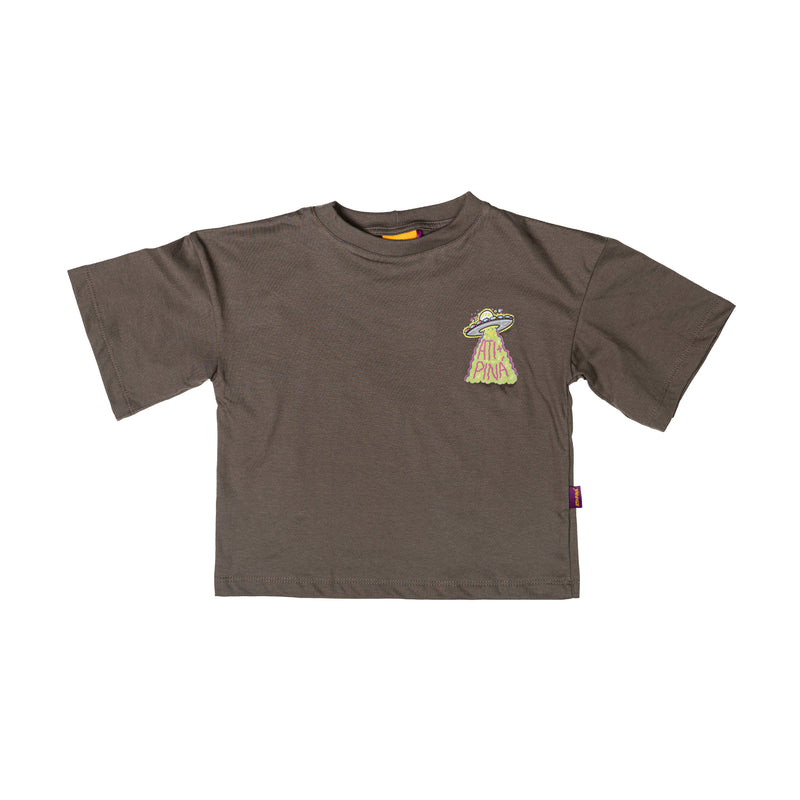 Camiseta infantil over Contato Imediato cinza, Ati+Piná